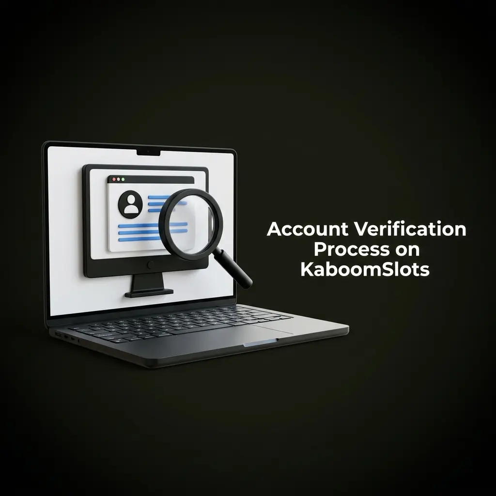 KaboomSlots KYC verification process showing 5 steps: document submission, ID, proof of address, and approval notification