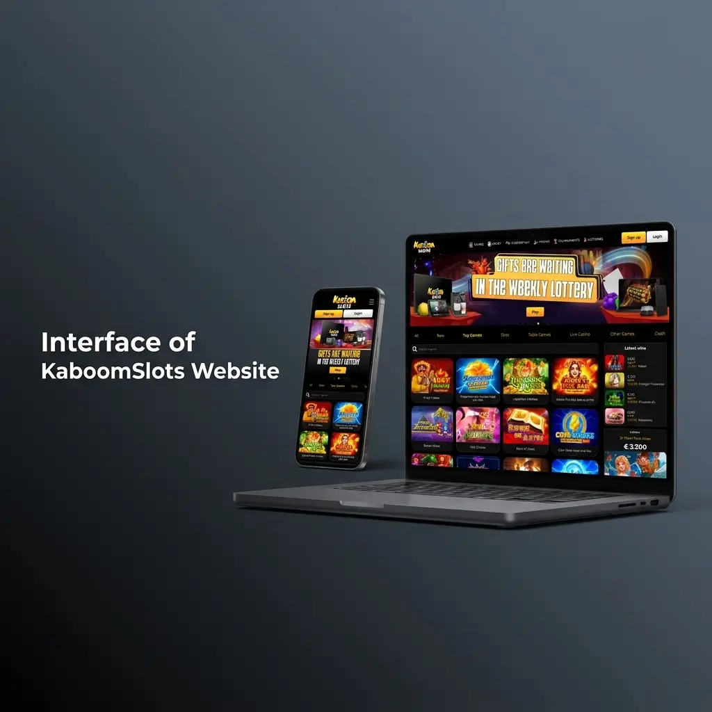 KaboomSlots website interface showing top navigation bar with Sports, Live, Esports, Casino, Promotions and Account links for UK users