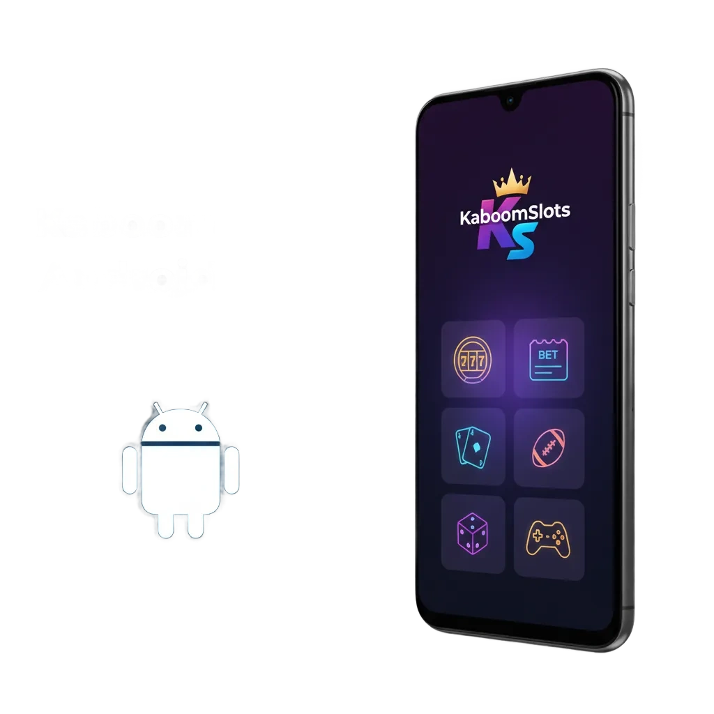 KaboomSlots Android app on a smartphone showing sportsbook and casino features.