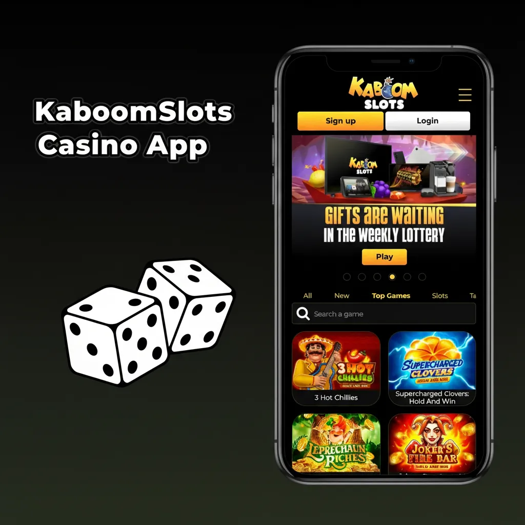 KaboomSlots app home screen with casino and betting tabs, events, slots, live dealer games, and promos for free spins.