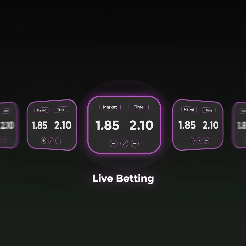 Live betting screen with in‑play odds, match trackers, cash‑out, and markets for football, tennis, basketball, esports