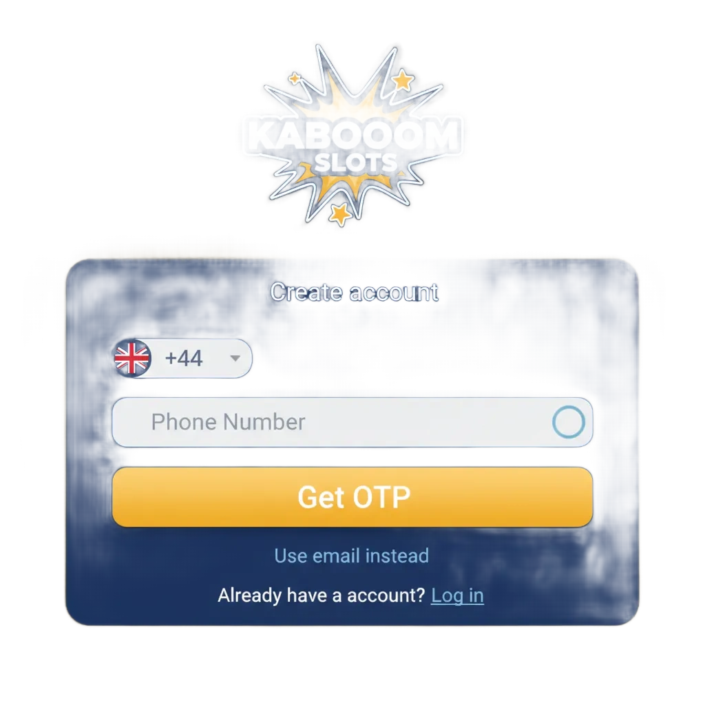 KaboomSlots UI showing registration, login, and account verification steps on desktop and mobile for UK players.