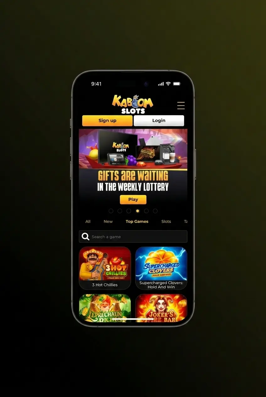 KaboomSlots sign up instructions showing 5 steps to register online including email verification and account setup