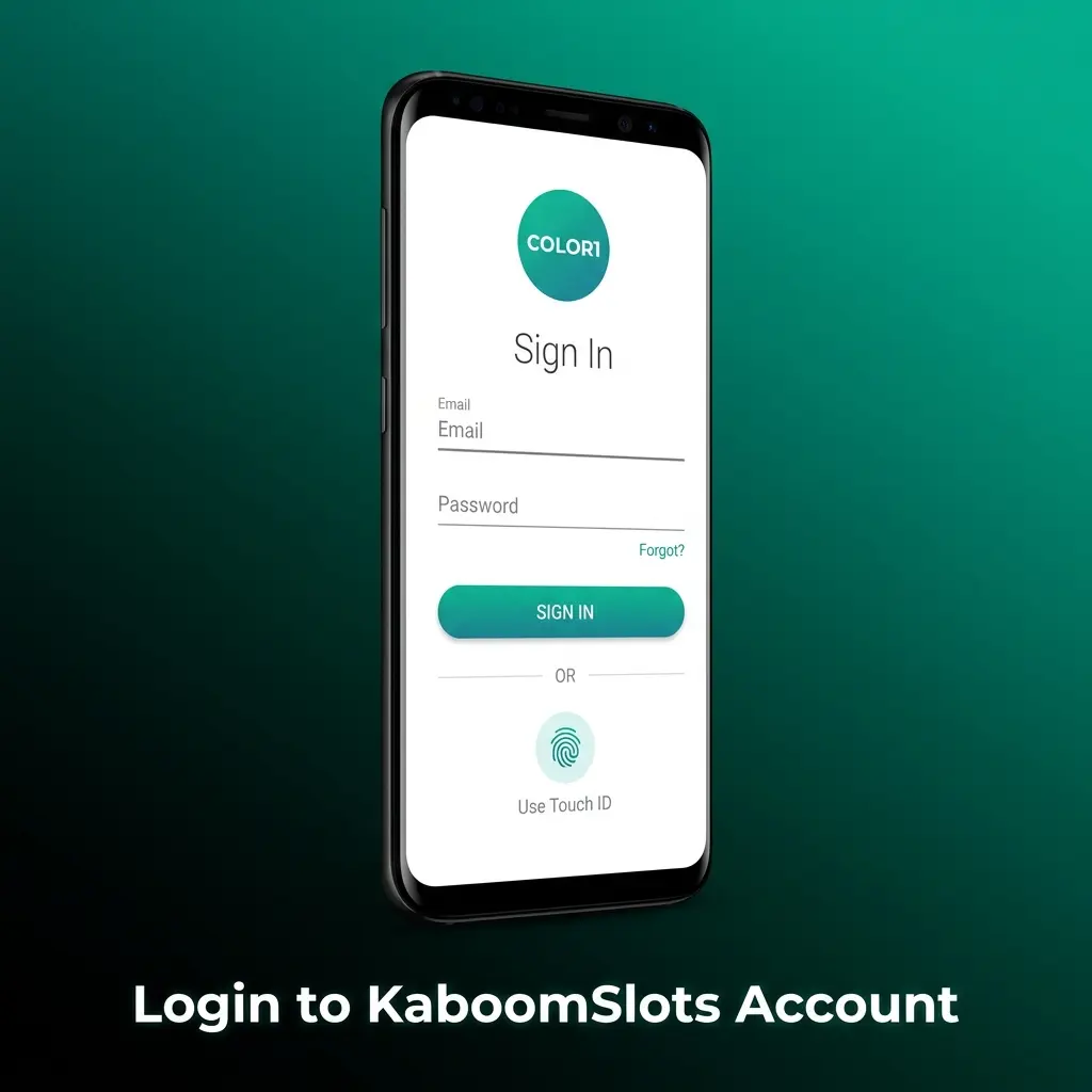 KaboomSlots login steps showing sign-in form, provider selection, and two-factor authentication process