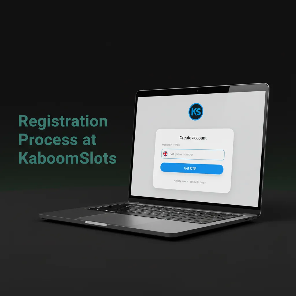 KaboomSlots signup: add personal info & currency, set password, verify email/mobile, choose limits, finish.