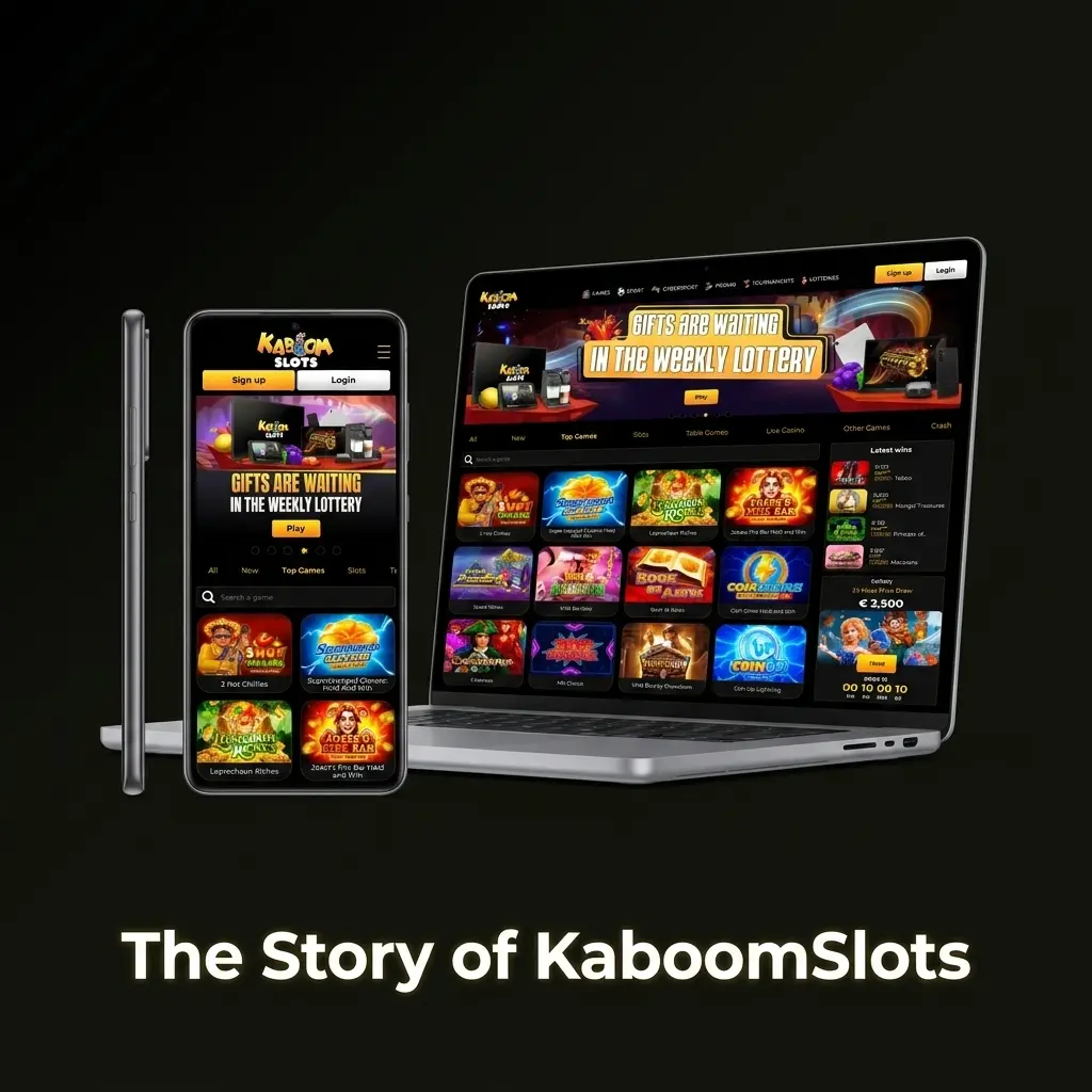 KaboomSlots casino brand story showing founding team, UK gambling licence details, and responsible gaming commitment