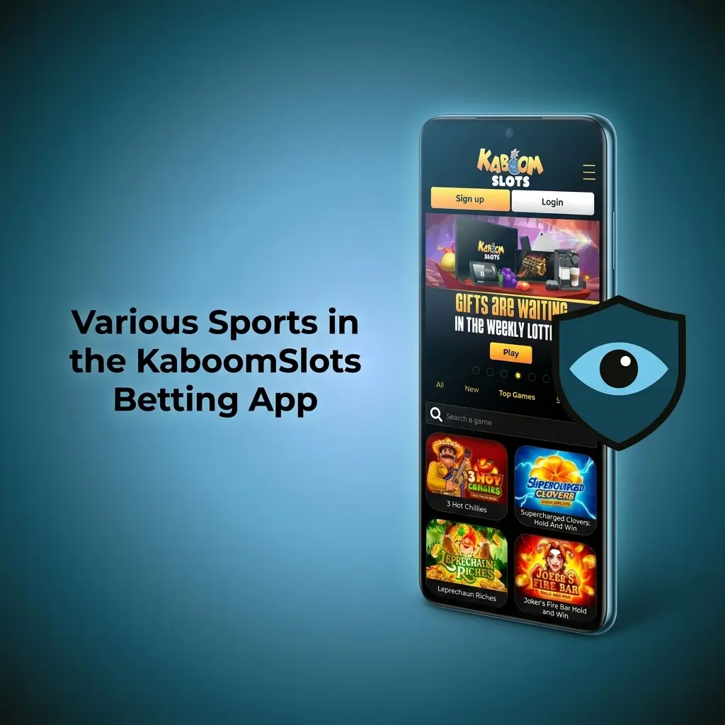 KaboomSlots betting app sports lobby showing football, tennis, cricket, rugby, boxing, MMA, horse racing and eSports markets