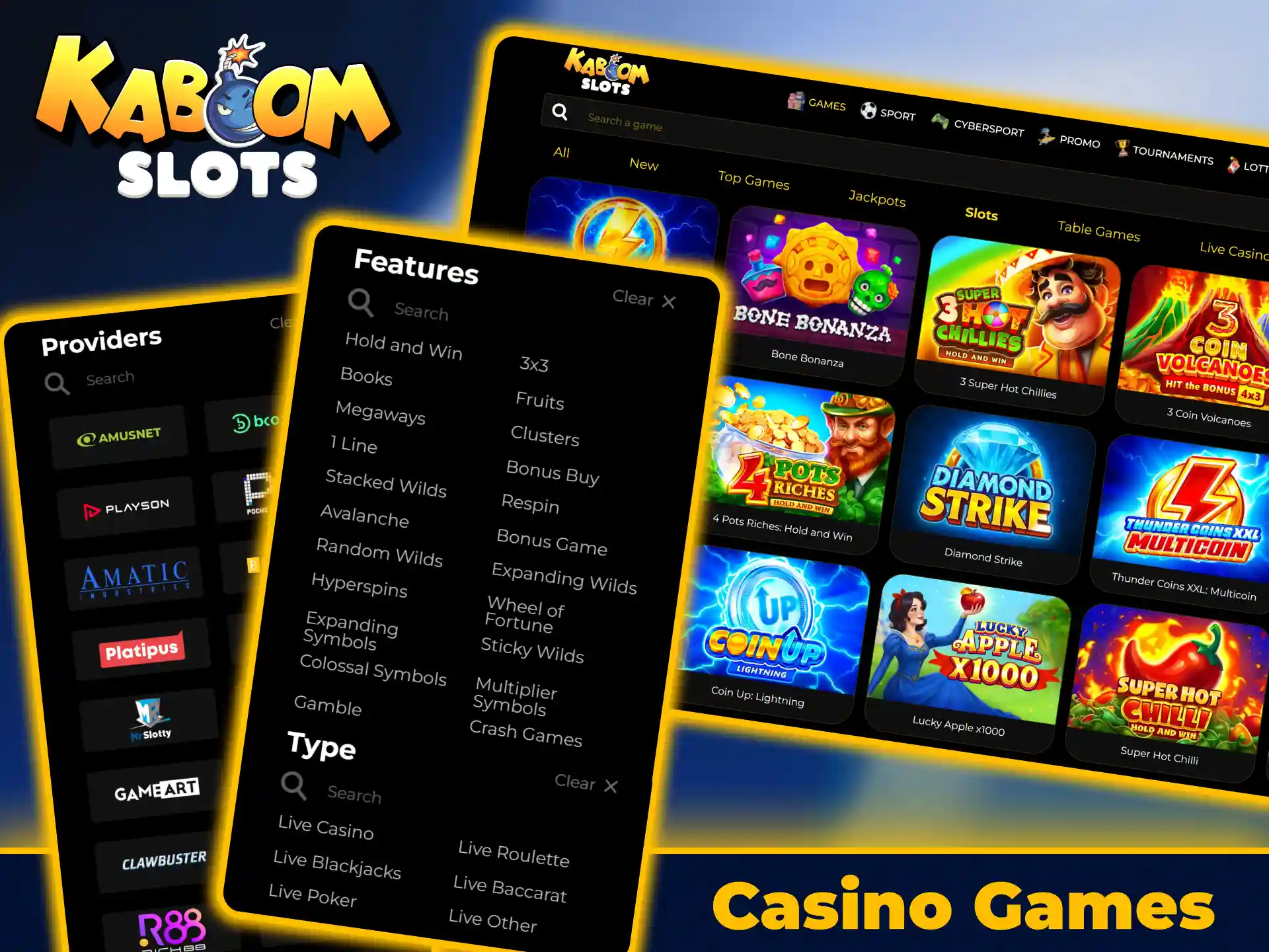Play video slots and live dealer games at KaboomSlots official.