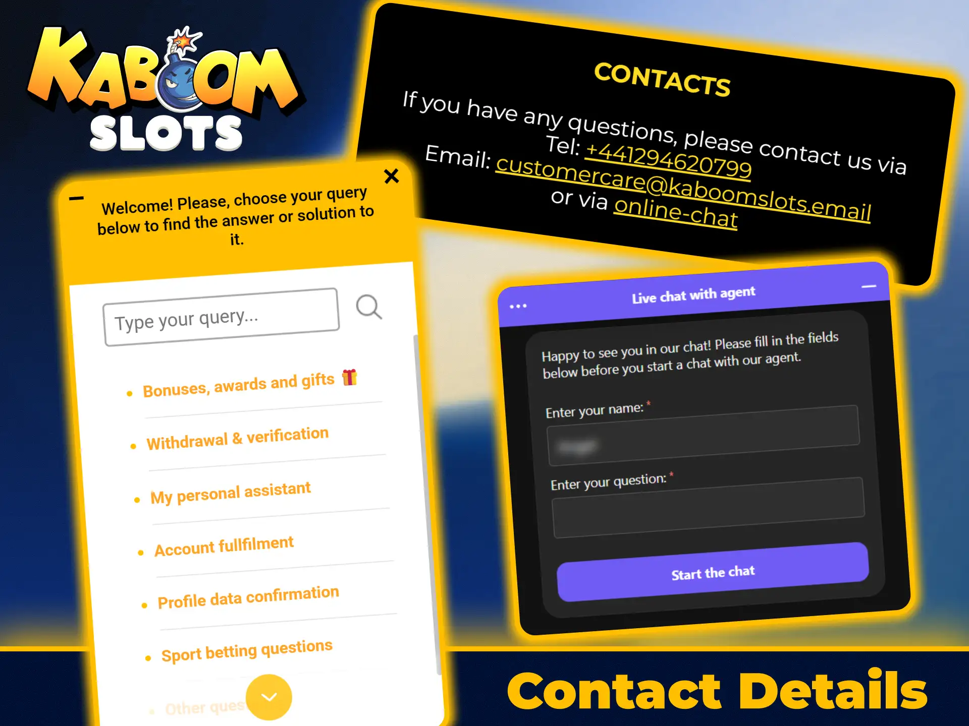 Find customer support contact channels and help at KaboomSlots official.