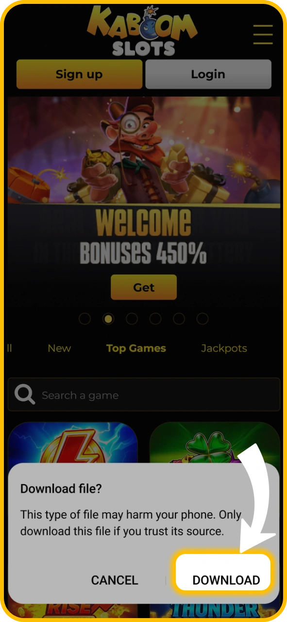 Confirm your file download on KaboomSlots official mobile platform.