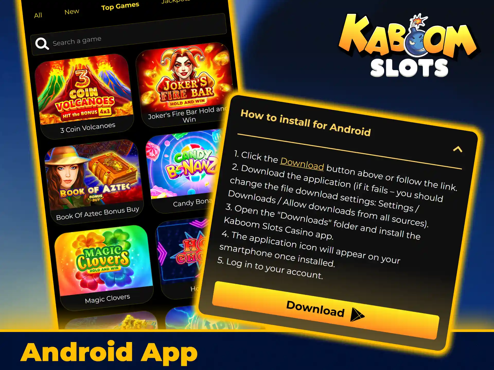 Play sports and casino games using KaboomSlots official app.