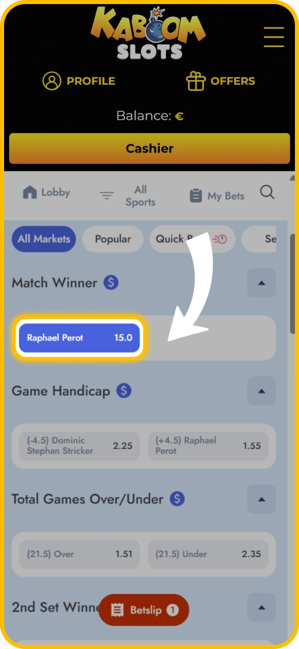 Add match selections to your betslip on KaboomSlots official.