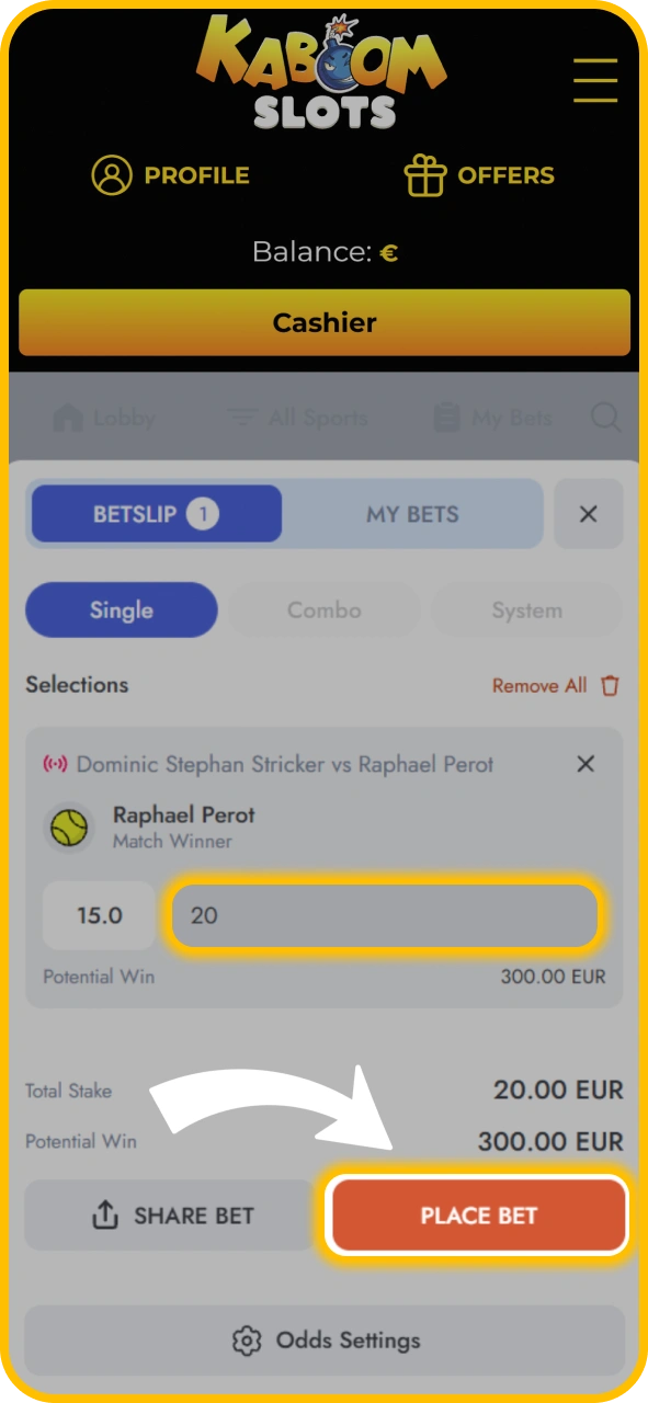Enter your stake amount to bet on KaboomSlots official.