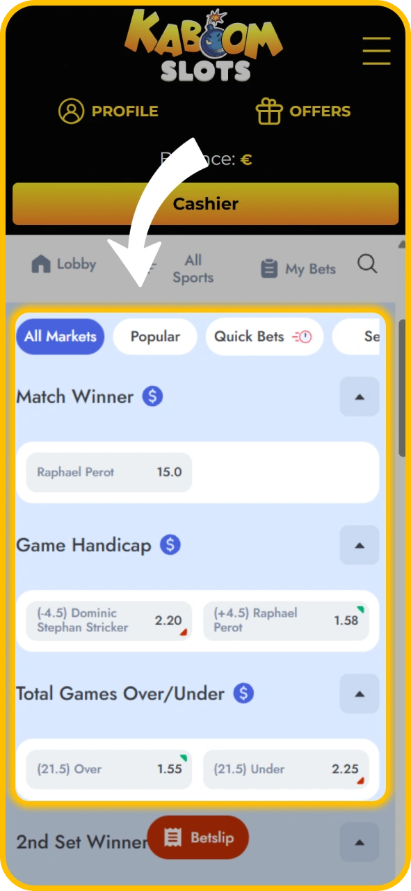 Compare competitive sports betting odds on KaboomSlots official app.