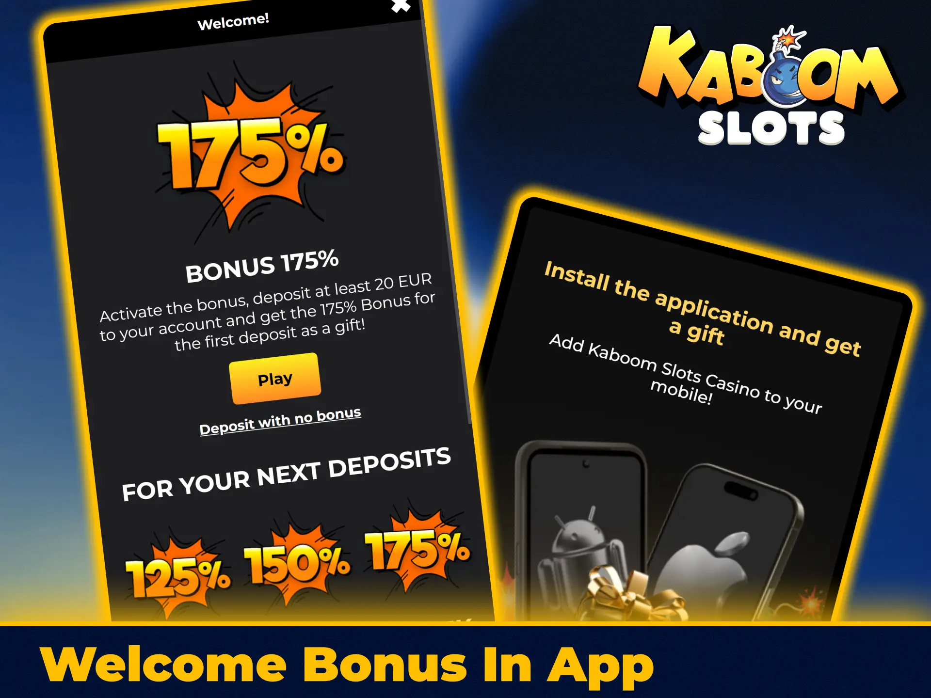 Claim welcome deposit bonus offers on KaboomSlots official app.