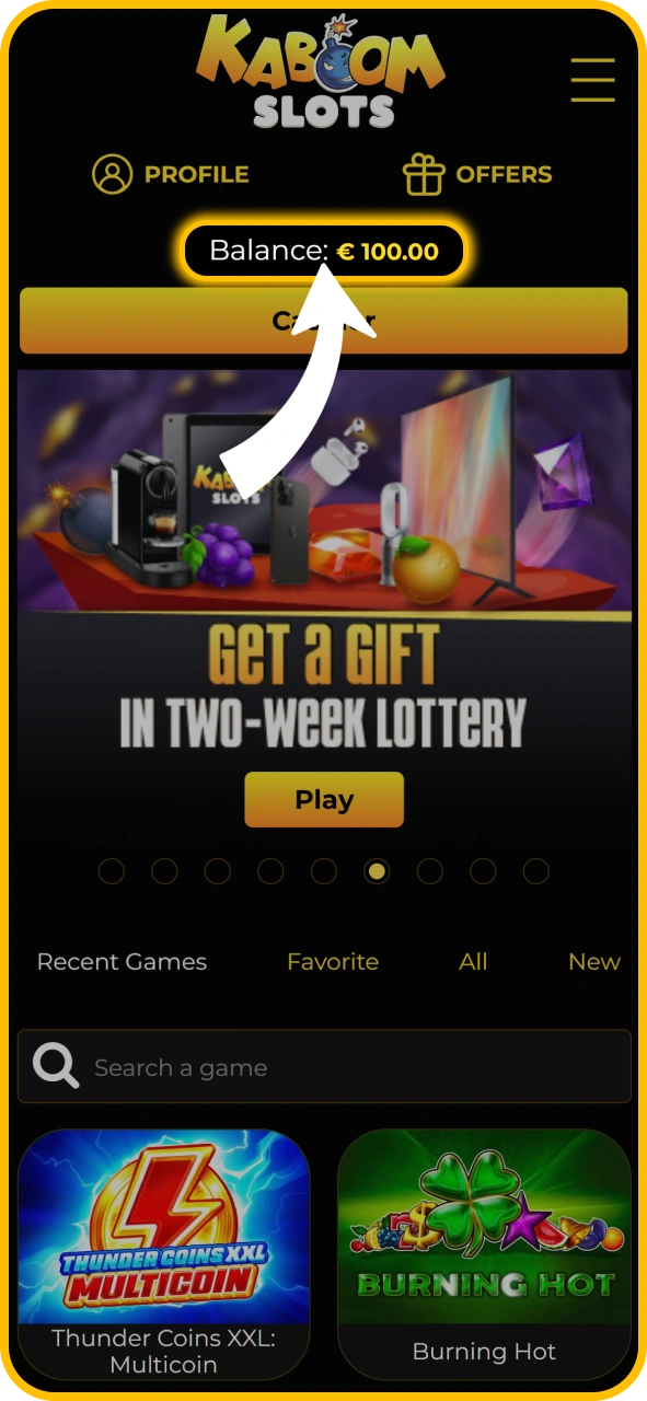 Verify your updated account balance on KaboomSlots official app.