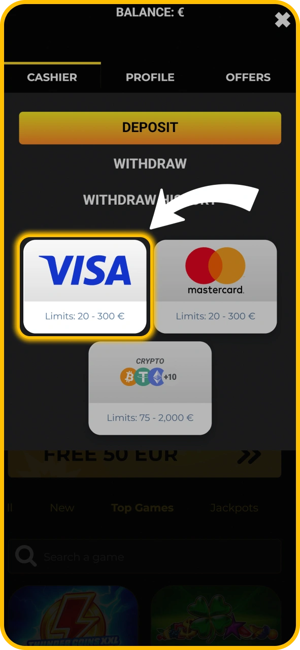 Choose your preferred deposit method on KaboomSlots official app.