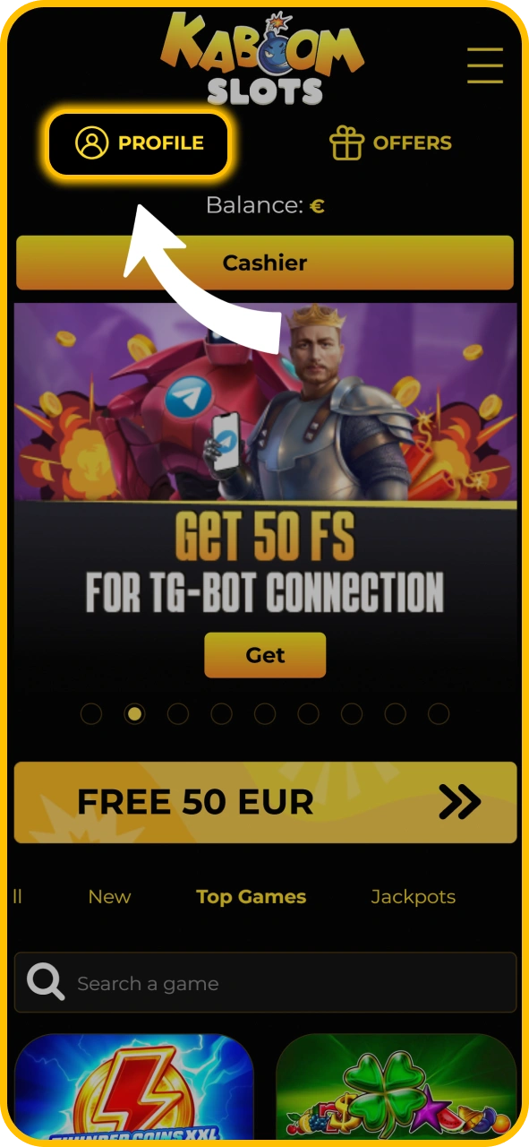 Open the account cashier panel inside KaboomSlots official app.