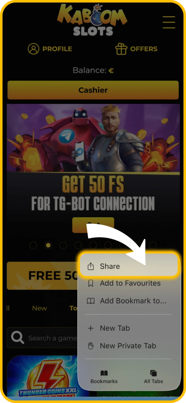 Tap the Safari share button on KaboomSlots official page.