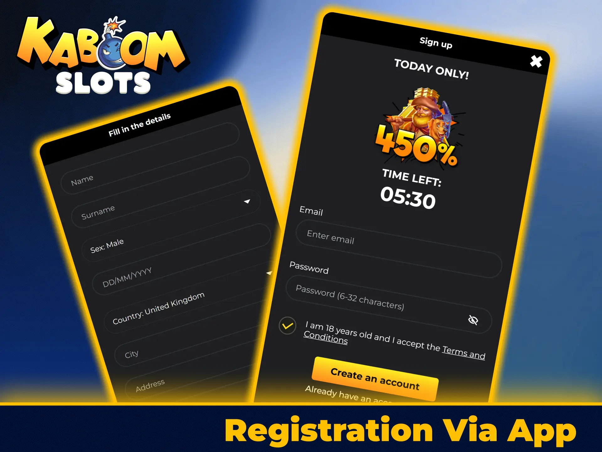 Create a new user profile on KaboomSlots official application.