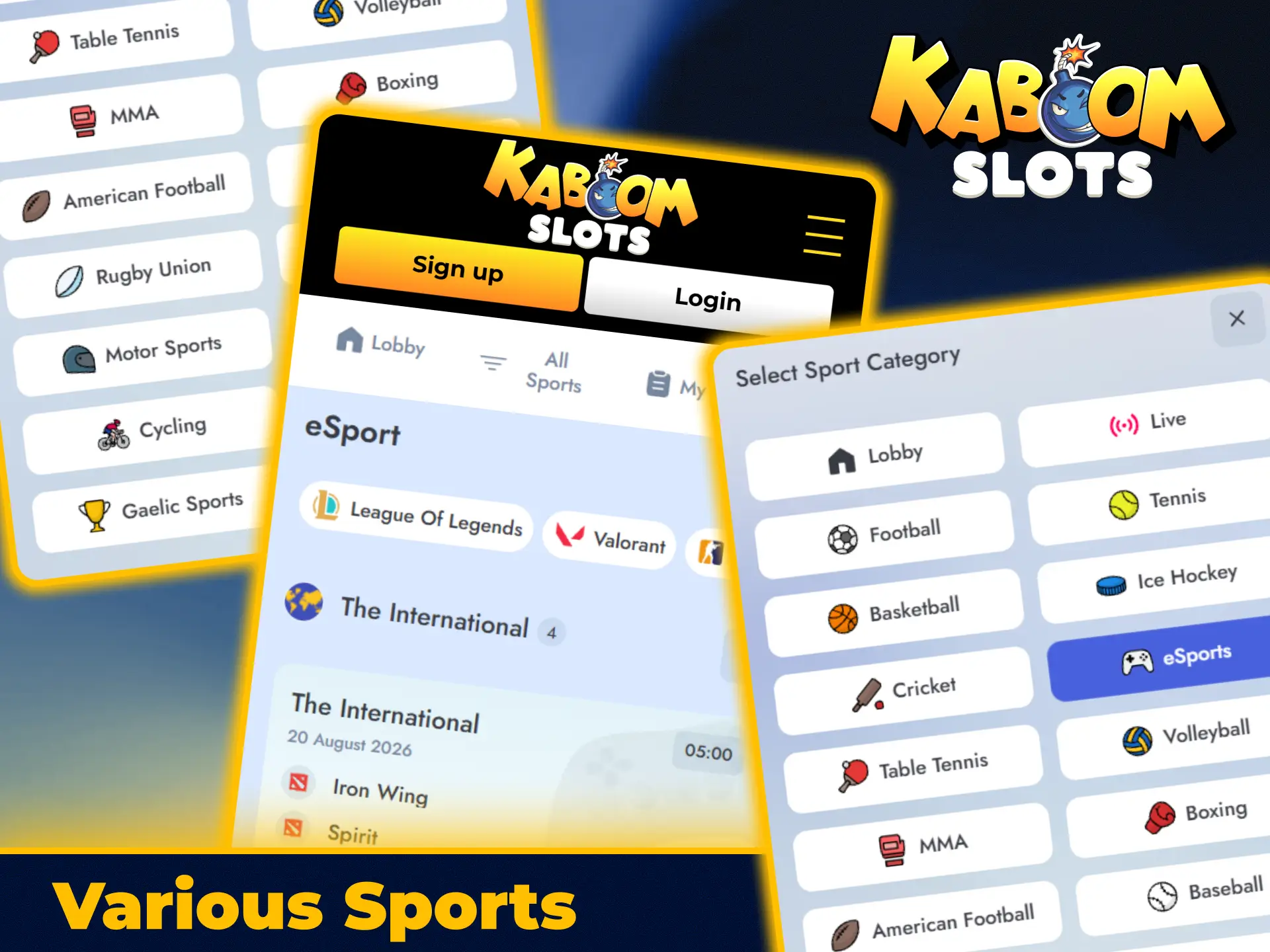 Bet on popular international sports with KaboomSlots official app.