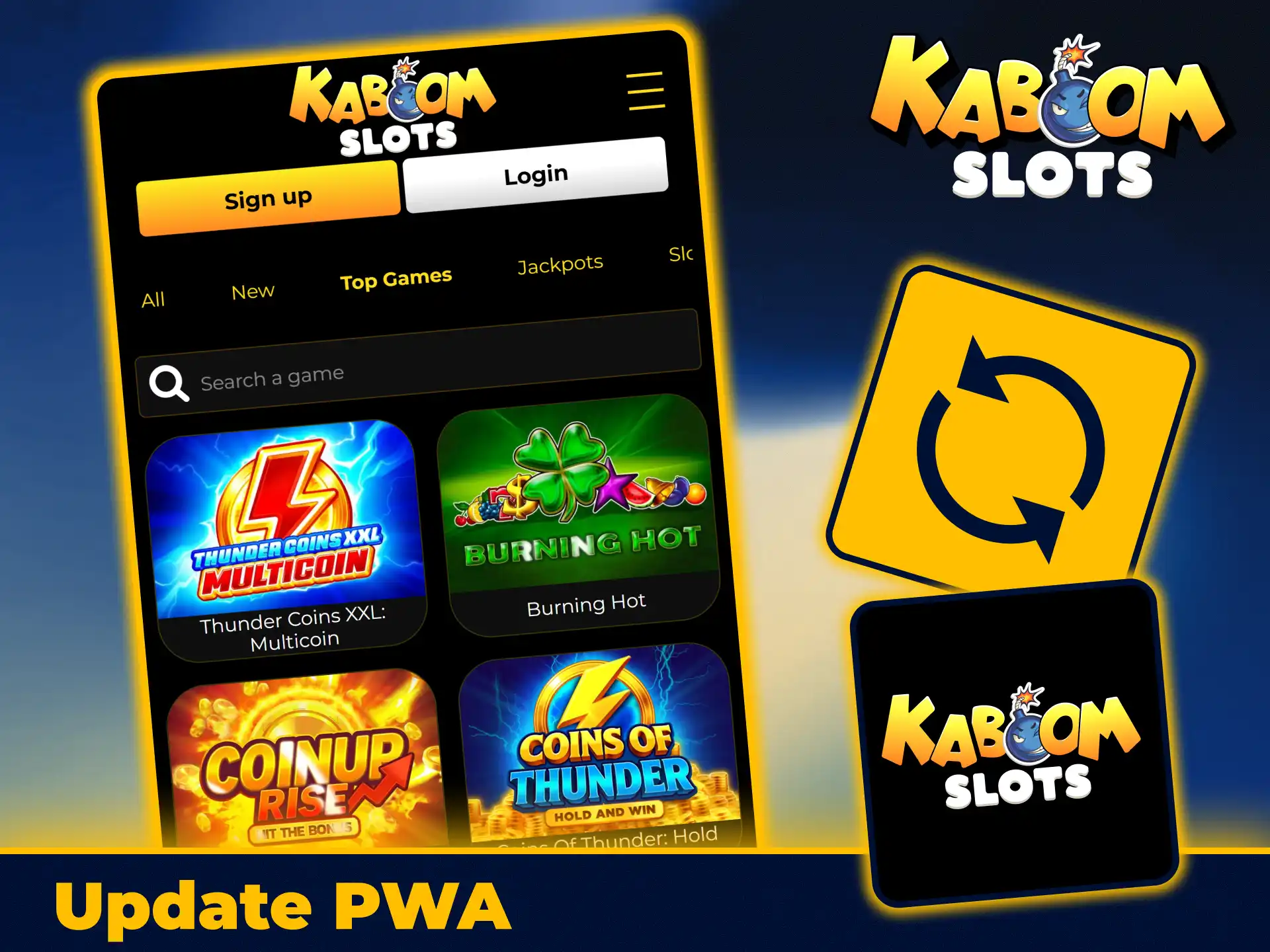 Reload pages for instant updates on KaboomSlots official PWA.