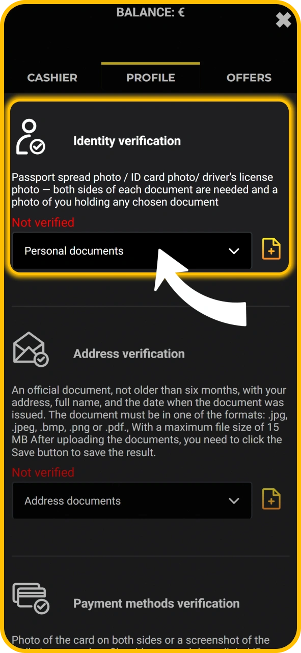 Complete identity verification document check on KaboomSlots official app.