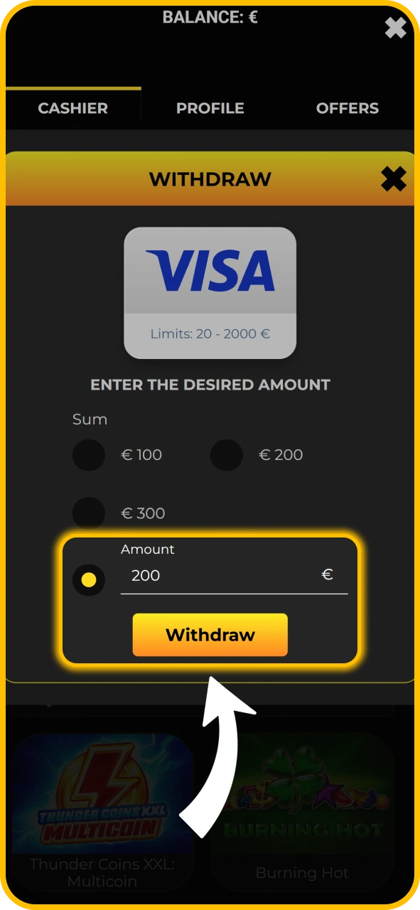 Enter desired payout withdrawal amount on KaboomSlots official app.
