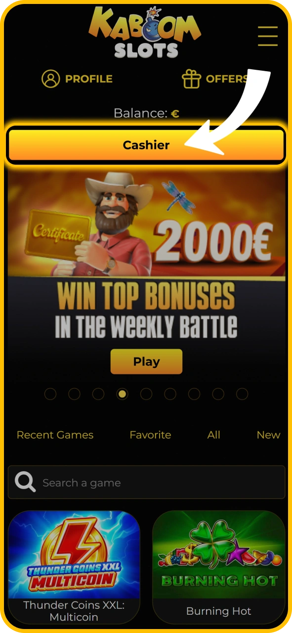 Select the payout option inside the KaboomSlots official app.