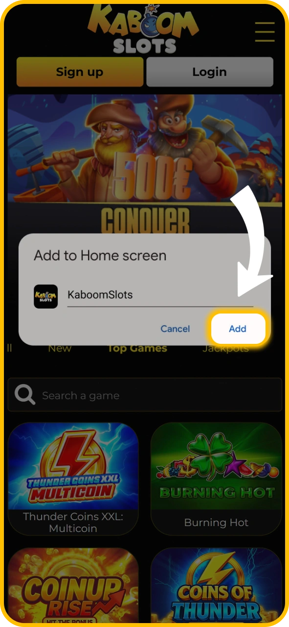 Name and add your shortcut to KaboomSlots official home screen.