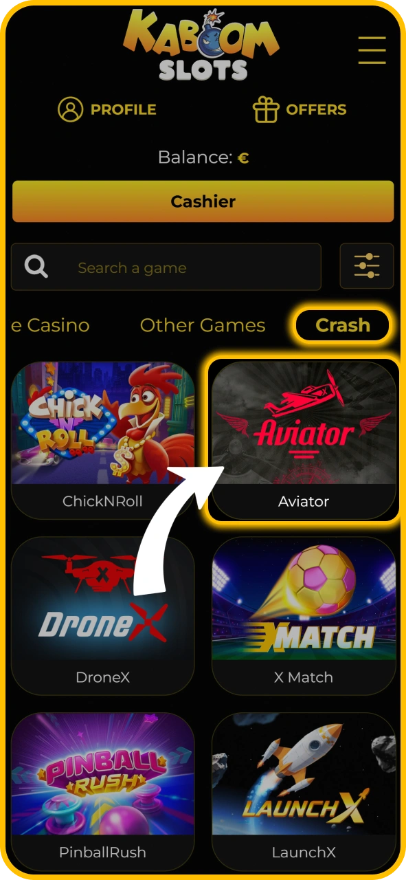 Launch the Aviator crash game inside KaboomSlots official online casino.