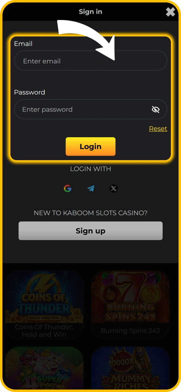 Open the app from home screen on KaboomSlots official mobile.