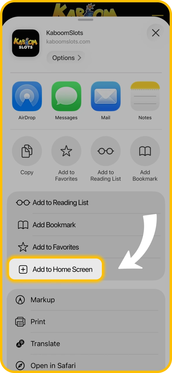 Tap share to add a shortcut for KaboomSlots official iOS.
