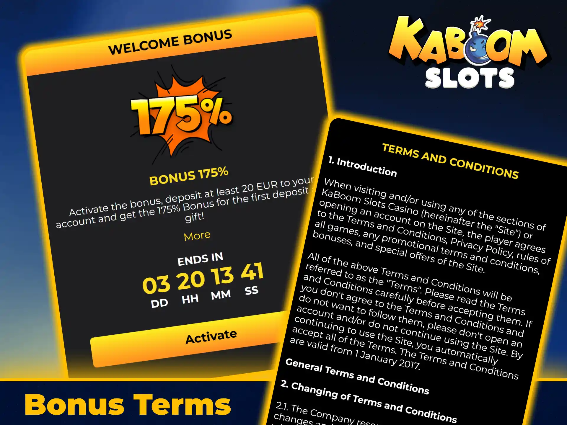 Read promotional terms and conditions on KaboomSlots official gaming site.
