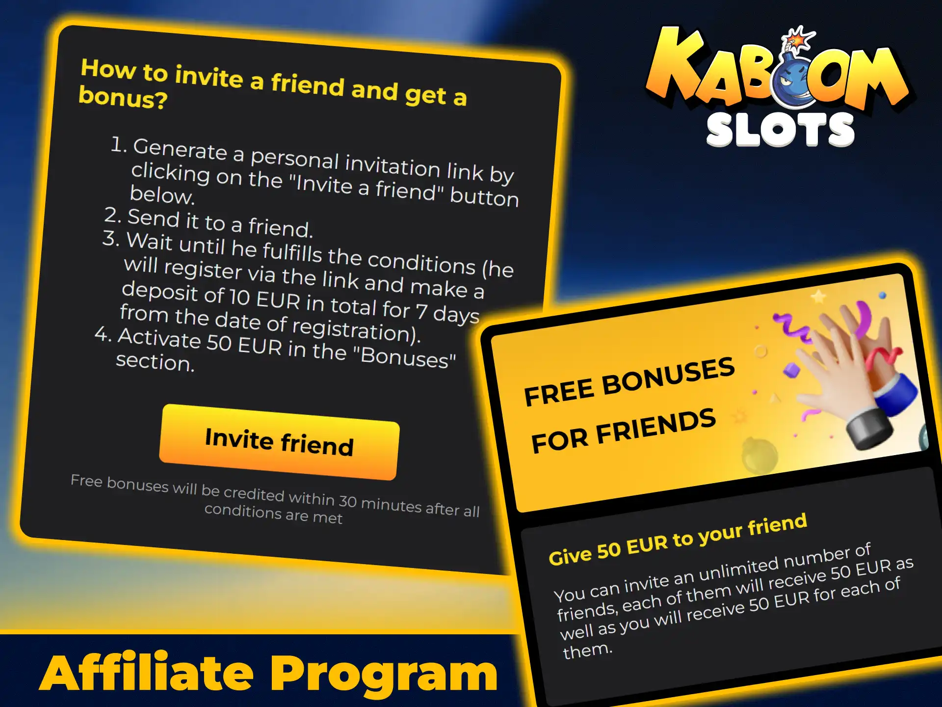 Join the affiliate program to partner with KaboomSlots official platform.