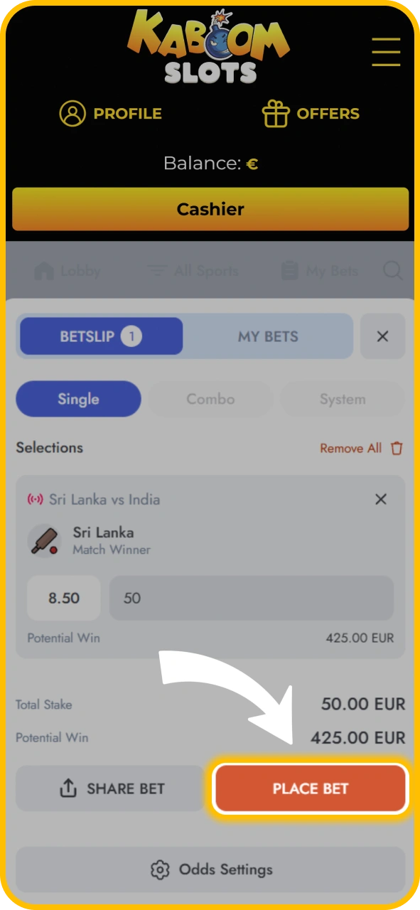Confirm your sports wager slip on KaboomSlots official UK platform.