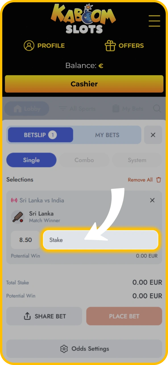 Enter desired stake amount inside KaboomSlots official UK betslip.