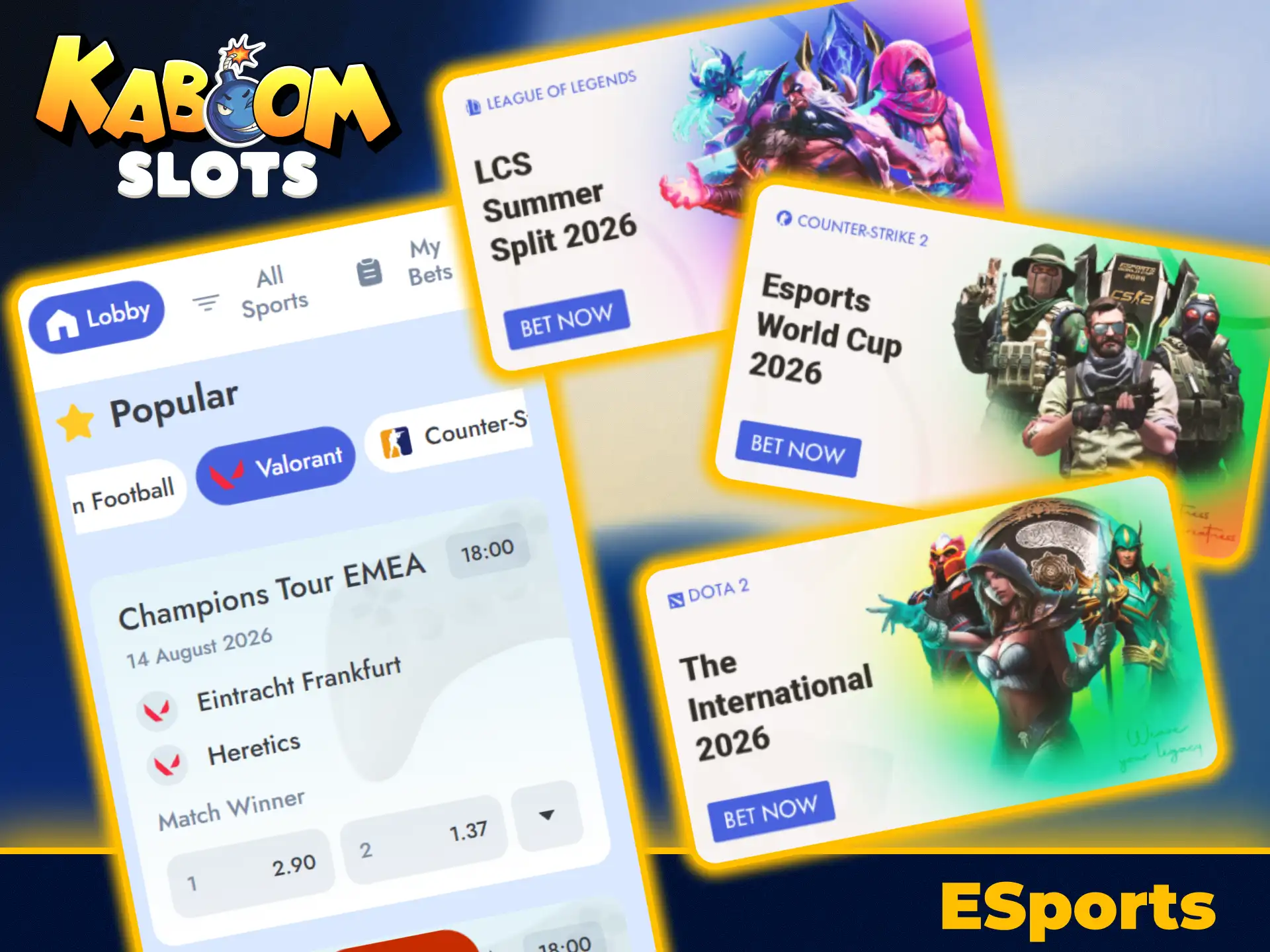 Bet on popular eSports tournaments using KaboomSlots official betting platform.