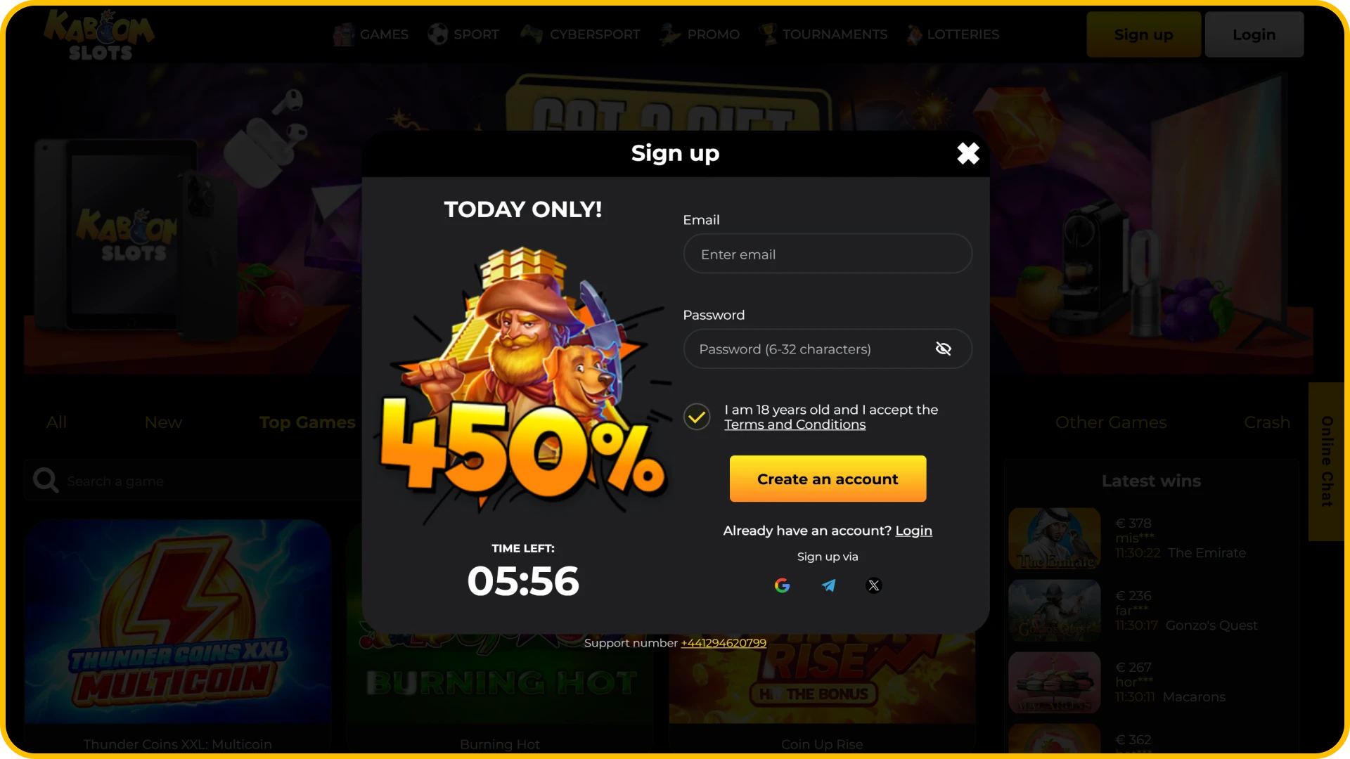 Open a new user profile on KaboomSlots official registration page.