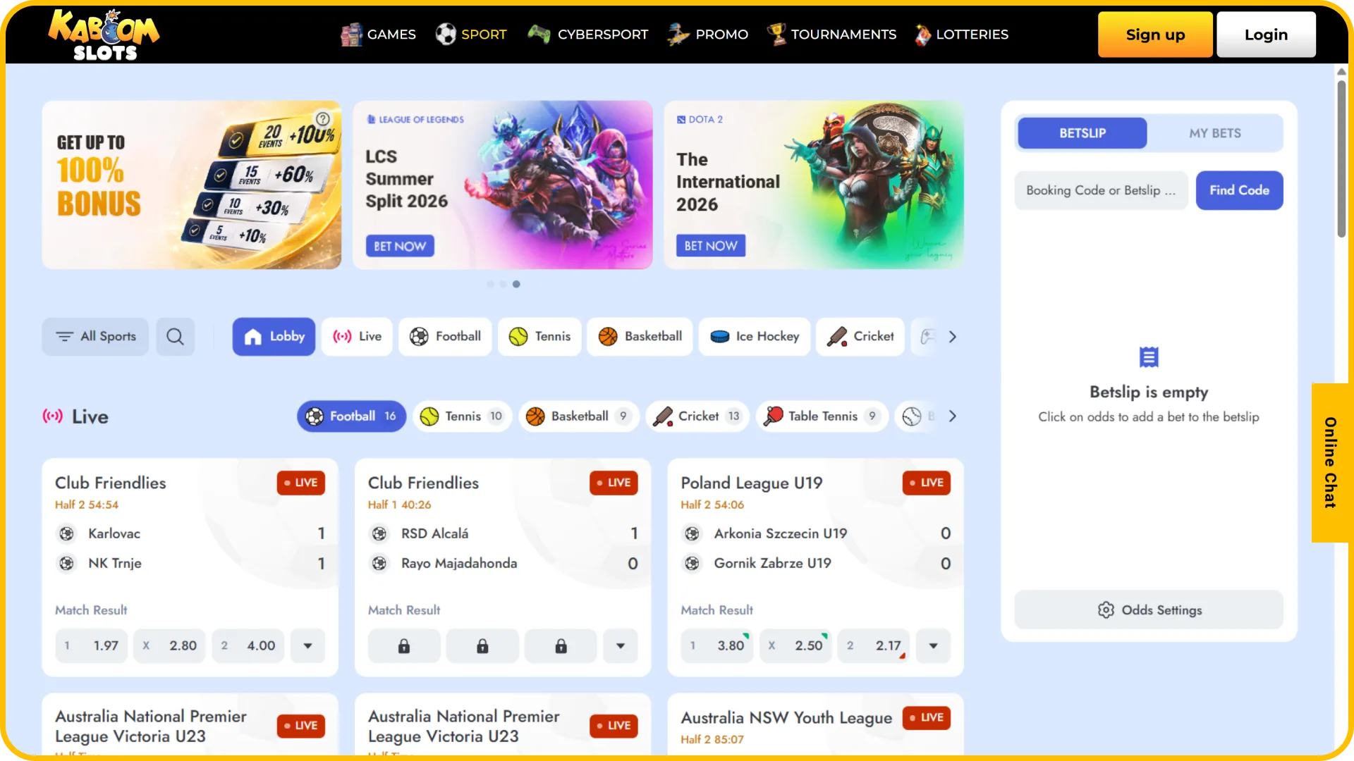 View competitive sports betting odds on KaboomSlots official online site.