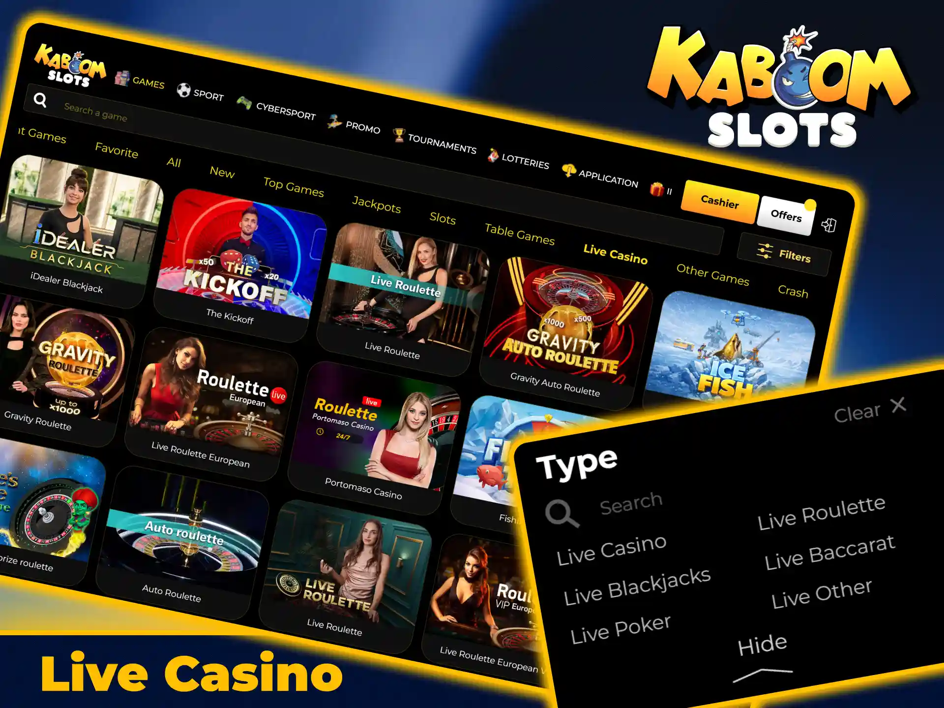 Play real dealer live casino games at KaboomSlots official site.