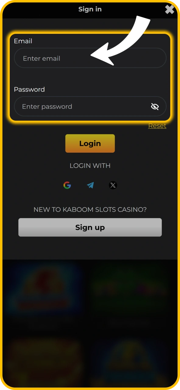 Enter account credentials to sign in on KaboomSlots official site.