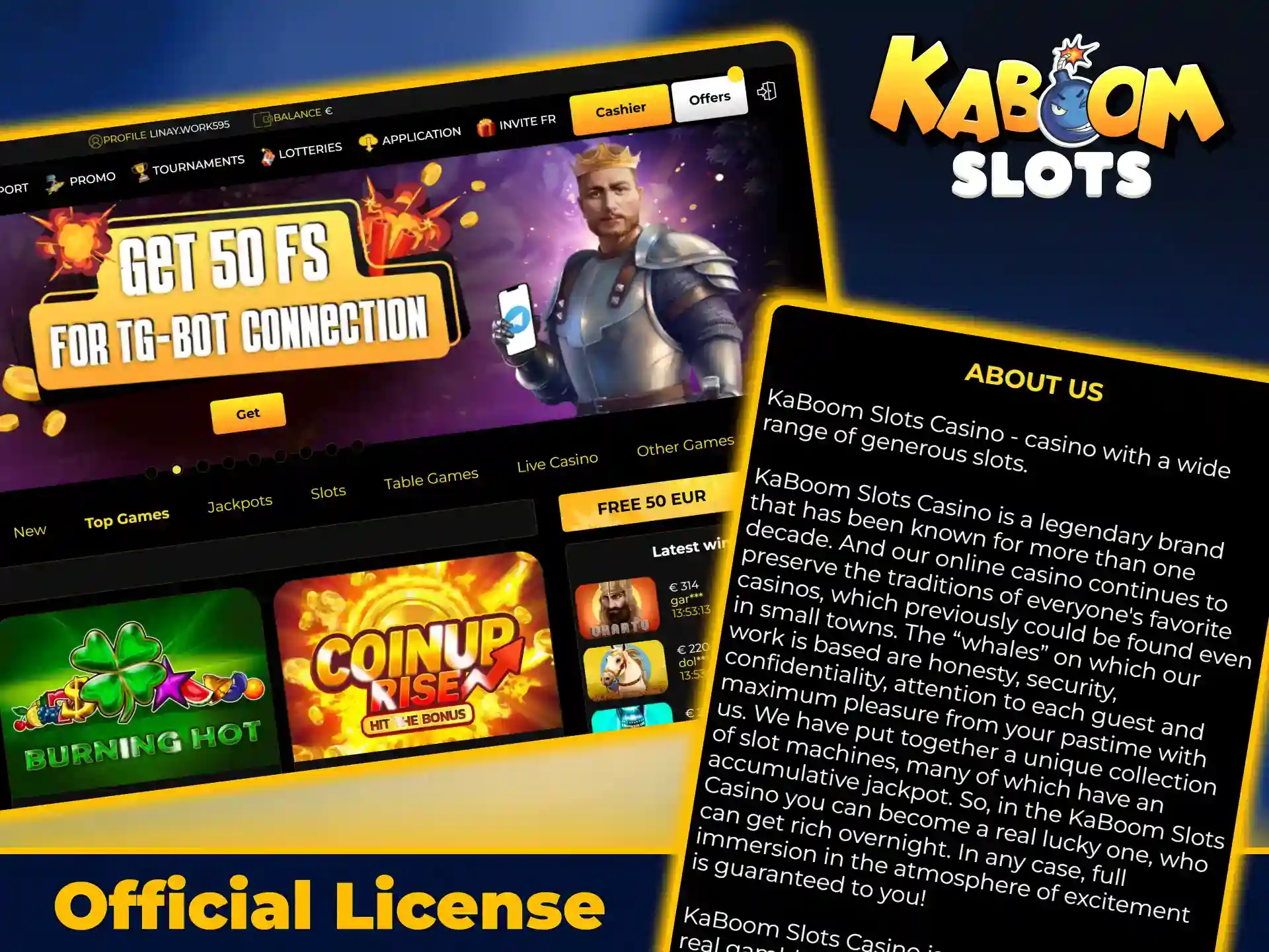 Review gambling license information on KaboomSlots official online casino site.