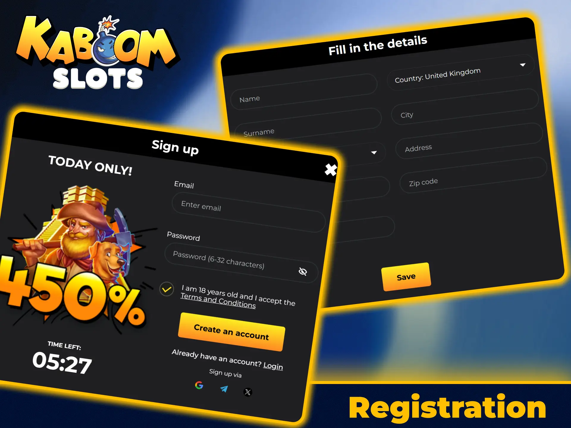 Complete your fast user registration on KaboomSlots official UK platform.