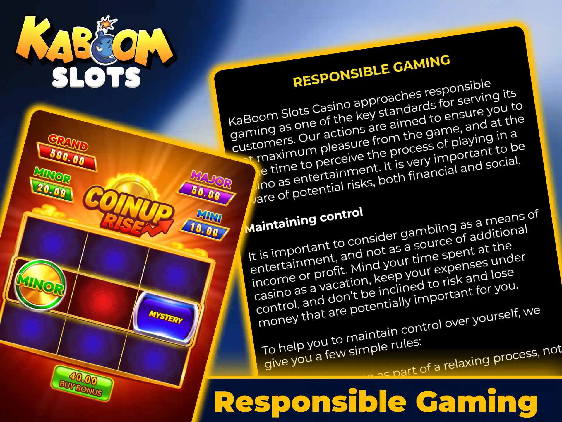 Access safe and responsible gaming tools on KaboomSlots official platform.