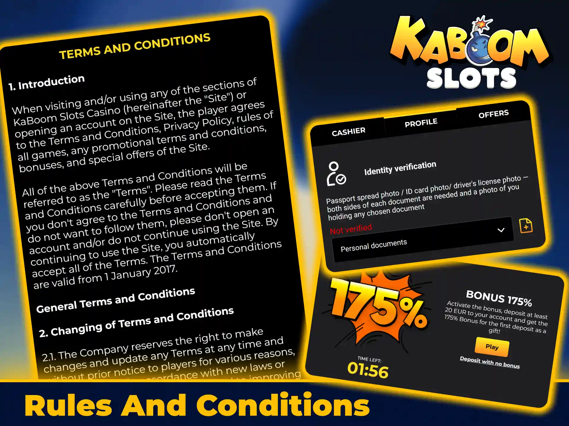 Read general terms and betting rules on KaboomSlots official site.