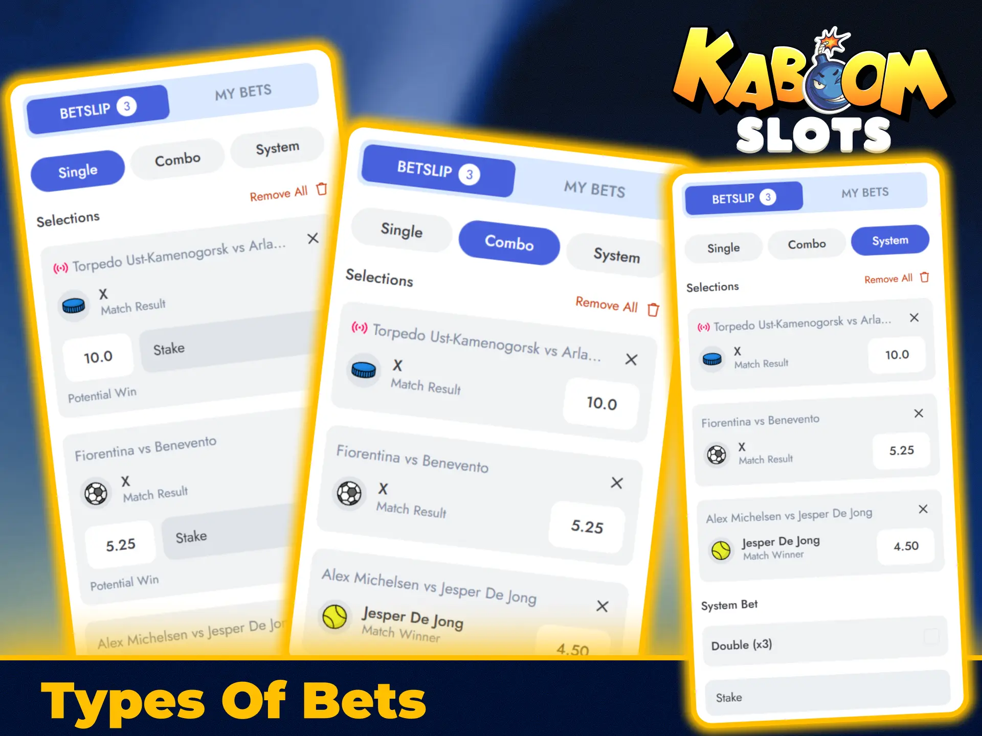 Select single or accumulator bet types on KaboomSlots official site.