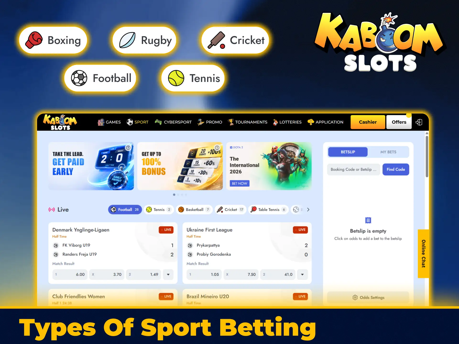 Place pre match sports bets online at KaboomSlots official platform.