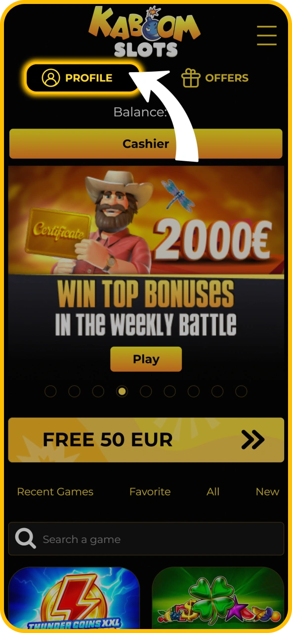 Open verification section in account settings on KaboomSlots official site.