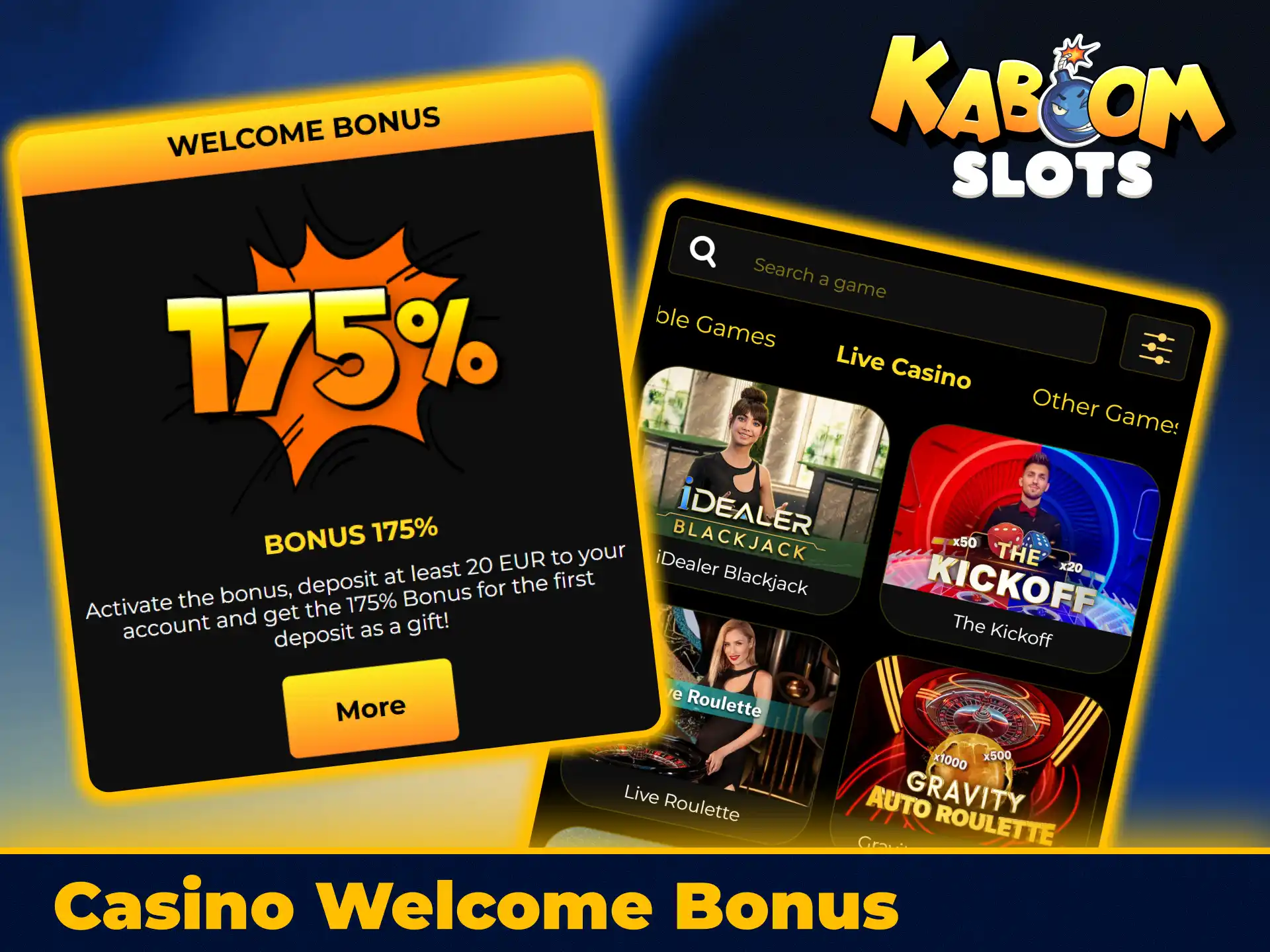 Claim live dealer casino welcome bonuses on KaboomSlots official.